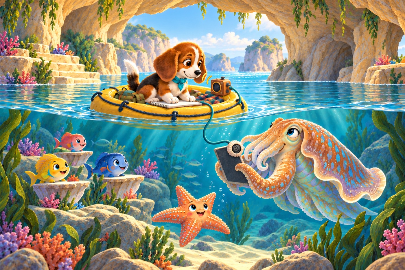Illustration: Toby the beagle on a yellow dinghy listens to a cuttlefish teacher giving a lesson to fish and a starfish in a sunlit sea cave